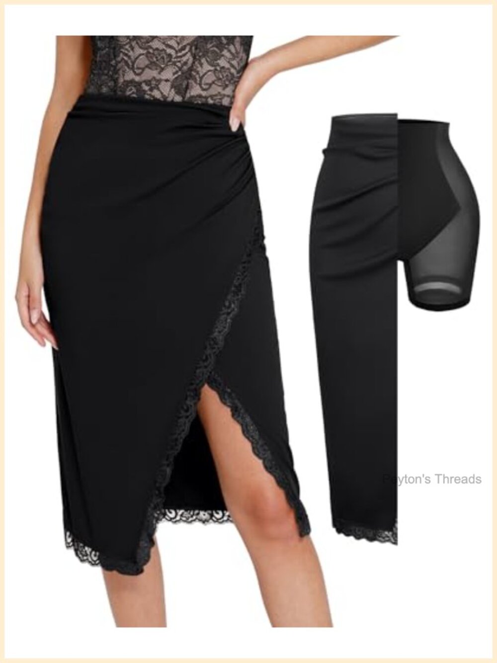 Popilush Midi Skirt Lace Shapewear Split Satin High Waisted Bodycon Tummy